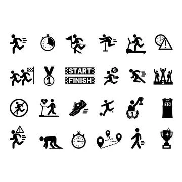 Black Running Icon Set. Vector Illustrations Race, Trophy, Sprint, Distance.. Stock Illustration