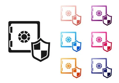 Black Safe with shield icon isolated on white background. Insurance concept Illustrazione stock