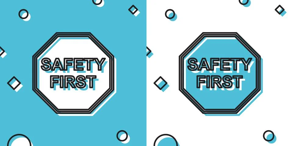 Black Safety First octagonal shape icon isolated on blue and white background Stock Illustration