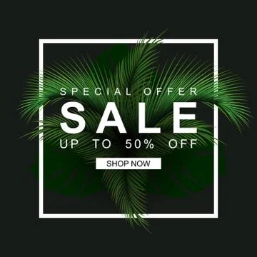Black sale banner with palm leaves. Jungle nature style. Tropical summer Stock Illustration