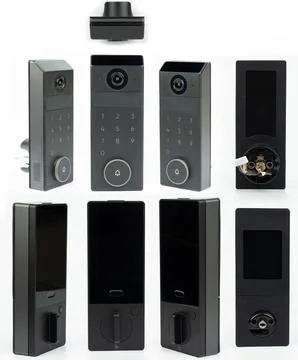 Black samrt door lock with camera and keypad Stock Photos