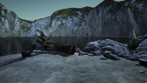 Black sand beach hidden between blurred volcanic rocks Stock Illustration