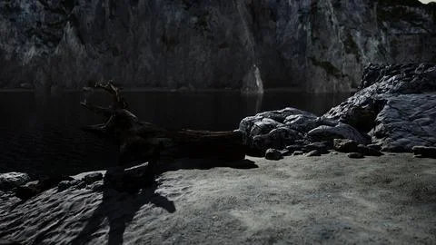 Black sand beach hidden between blurred volcanic rocks Stock Illustration