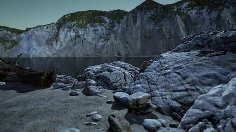 Black sand beach hidden between blurred volcanic rocks Stock Illustration