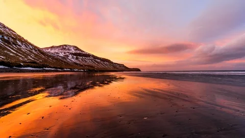 Black Sand Beach Sunset Timelapse in Iceland Stock Footage 88319582
