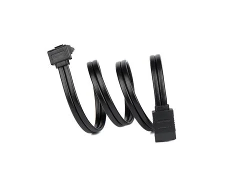Black SATA cable twisted in spring isolation on white background. Stock Photos