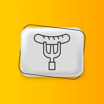 Black Sausage on the fork icon isolated on yellow background. Grilled sausa.. イラスト素材