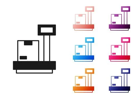 Black Scale with cardboard box icon isolated on white background. Logistic and Stockillustratie