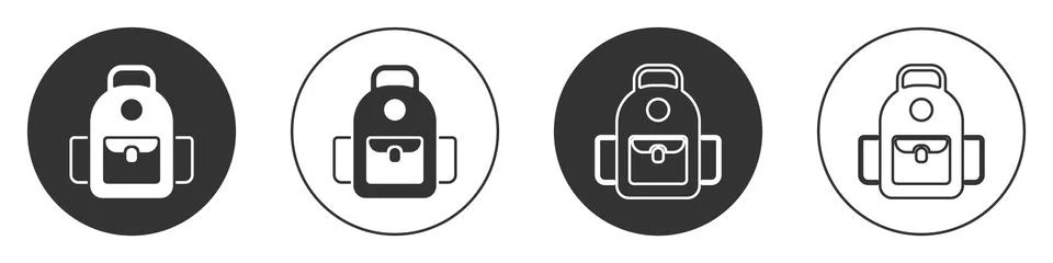 Black School backpack icon isolated on white background. Circle button. Vector Stock Illustration