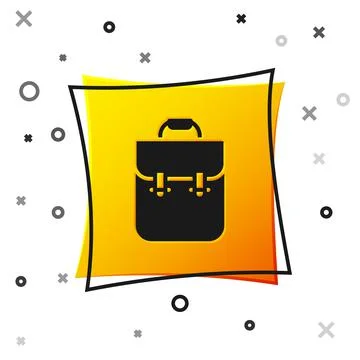 Black School backpack icon isolated on white background. Yellow square button Stock Illustration