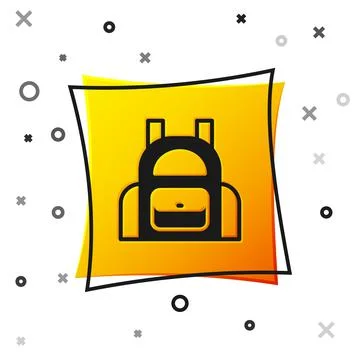 Black School backpack icon isolated on white background. Yellow square button Stock Illustration