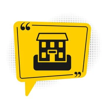 Black School building icon isolated on white background. Yellow speech bubble Stock Illustration