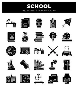 Black school icons on in grid format 스톡 일러스트