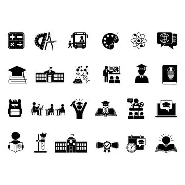 Black School Icons Set. Vector Icons of Education, Science, Biology, Physic.. Stock Illustration