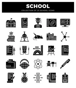 Black school icons on a white background. featuring educational and scienti.. Stock Illustration