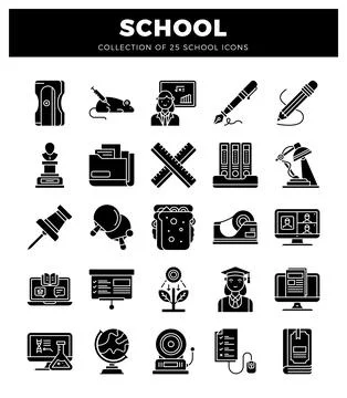 A black school icons on a white background in a grid format. Stock Illustration