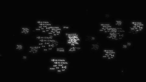 Black science formula visual with floating white equations, glowing diagrams, an Stock Footage 340549858