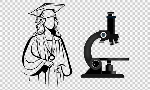 A black scientific microscope, a person in a graduation cap Stock Illustration