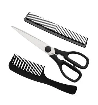 Black scissors and combs isolated on white Stock Photos