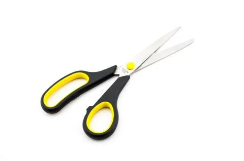 Black Scissors with yellow elements isolated on white background Stock Photos