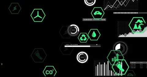Black screen displaying neon hex icons fading as gauge sweeps and charts Stock Footage 317260468