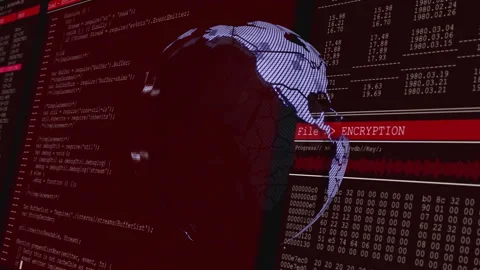 Black screen fading as red UI panels sliding in, code scrolling, globe spinning, Stock Footage 312348462