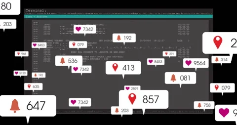 Black screen icons floating before terminal fading in and SQL code scrolling Stock Footage 310326600