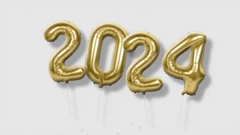 Black screen New Year 2024 gold foil balloons float around 3D rendering. 3D Stock Footage 254405600