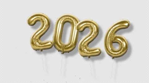Black screen New Year 2026 gold foil balloons float around 3D rendering. Stock Footage 319828686