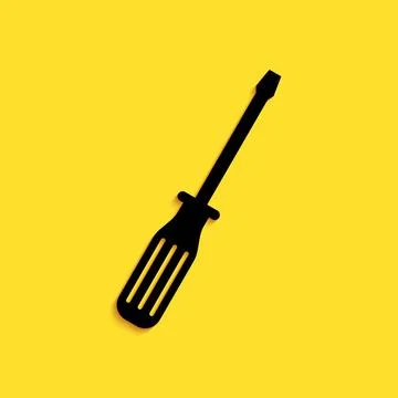 Black Screwdriver icon isolated on yellow background. Long shadow style. Vector Stock Illustration