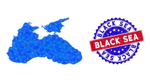 Black Sea Map Polygonal Mesh and Grunge Bicolor Seal Stock Illustration