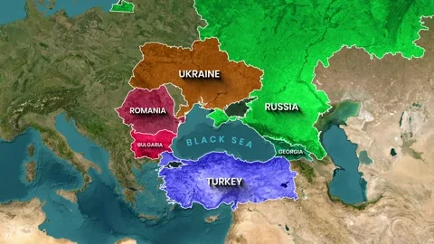 Black Sea nations highlighted sequentially on a political world map animation Stock Footage 334802619