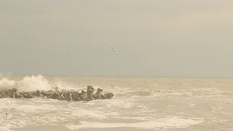 Black Sea with stabiloposes to stop strong waves in winter. Stock Footage 101976237