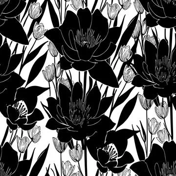 Black seamless abstract pattern of large flowers on a white background, tex.. Stock Illustration