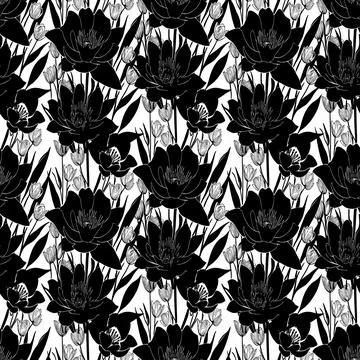 Black seamless abstract pattern of large flowers on a white background, tex.. Stock Illustration