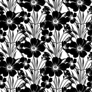 Black seamless abstract pattern of large flowers on a white background, tex.. Stock Illustration