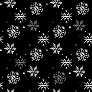 Black seamless Christmas pattern with different snowflakes falling Stock Illustration