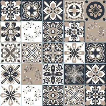 Black seamless pattern for ceramic tiles in Moroccan Arabic style, vector ill 스톡 일러스트