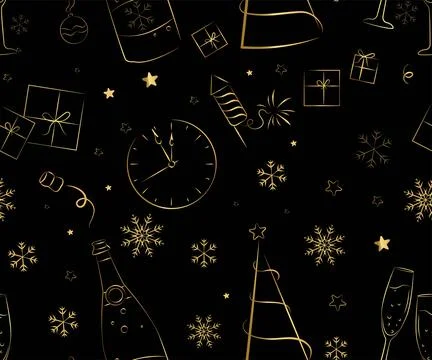 Black Seamless pattern of elements for the New Year and Christmas. Doodle ill Stock Illustration