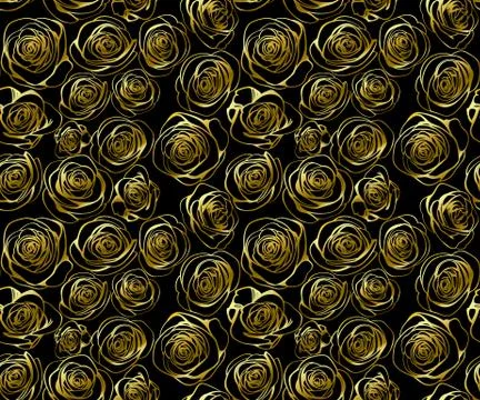 Black seamless pattern with golden line roses. Vector elegant vintage floral  Stock Illustration