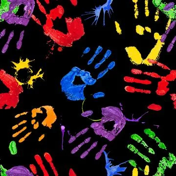 Black seamless pattern with multicolored paint hands Stock Illustration