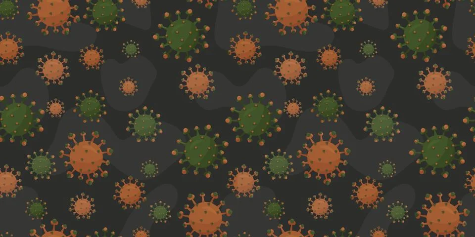Black seamless pattern with orange and green viruses or coronavirus Stock Illustration