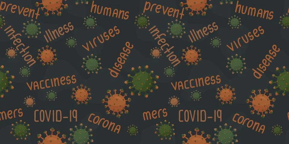 Black seamless pattern with orange and green viruses or coronaviruses with te Stock Illustration