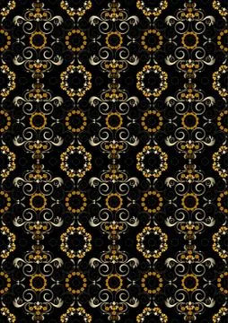Black seamless pattern with orange flowers and silver spirals. Stock Illustration