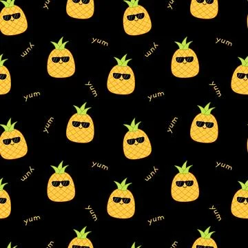 Black seamless pattern with pineapples and yum. Squishmallow. Pineapple. Kawaii Stock Illustration