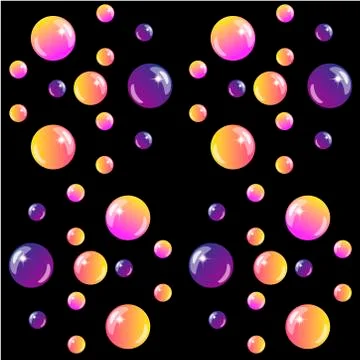 Black seamless pattern with shiny balls of pink, orange and purple color Stock Illustration