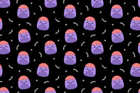 Black seamless pattern with zombie. Squishmallow. Zombie. Kawaii, Vector Stock Illustration
