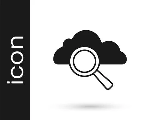 Black Search cloud computing icon isolated on white background. Magnifying glass Illustrazione stock