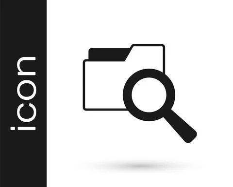 Black Search concept with folder icon isolated on white background. Magnifying Stock Illustration