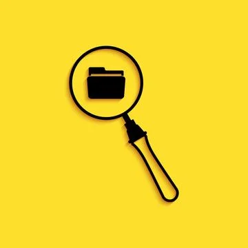 Black Search concept with folder icon isolated on yellow background. Magnifying Illustrazione stock